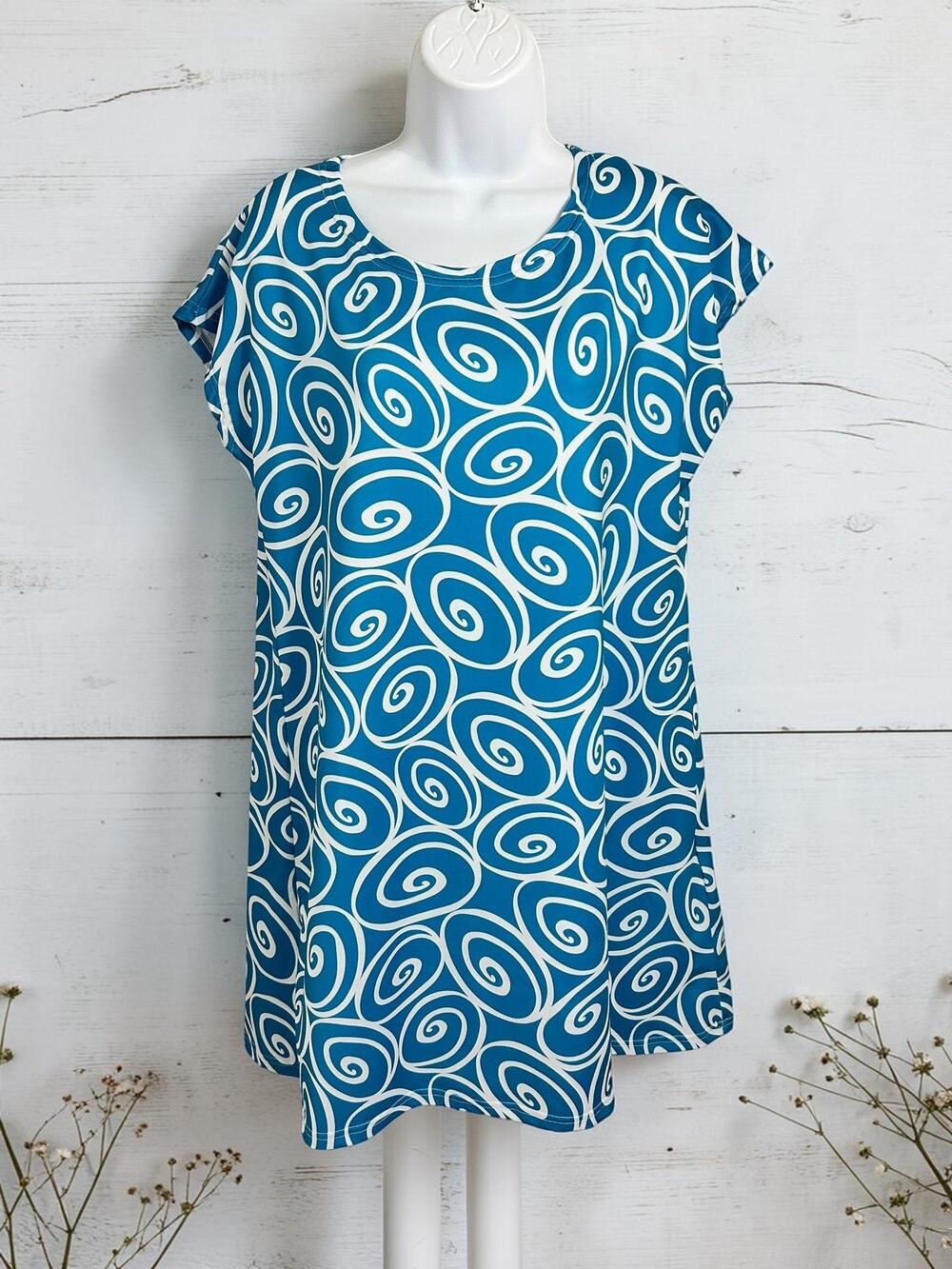 Lolly Wolly Doodle Teal White Short Shirt Dress Sz Small Short Sleeve Geometric
